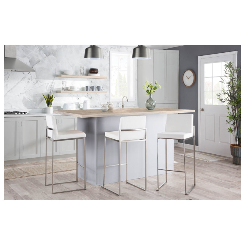 Tabouret de bar contemporain à haut dossier en acier inoxydable et velours blanc - ensemble de 2