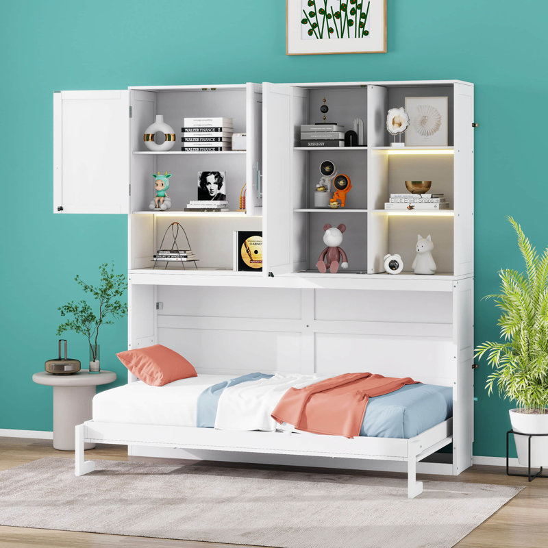 Twin Murphy Bed With Top Cabinet, LED Light And Charging Station, Wood Folding Murphy Bed Cabinet With Shelves, White