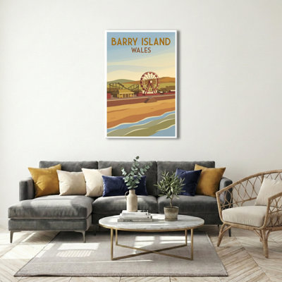 Barry Island, Wales - Romantic Coastal Travel Poster Of Ferris Wheel And Shoreline. Giclee Print On Wrapped Canvas. Wall Art, Home Decor - Coastal & Maritime, Wales - Wrapped Canvas Print