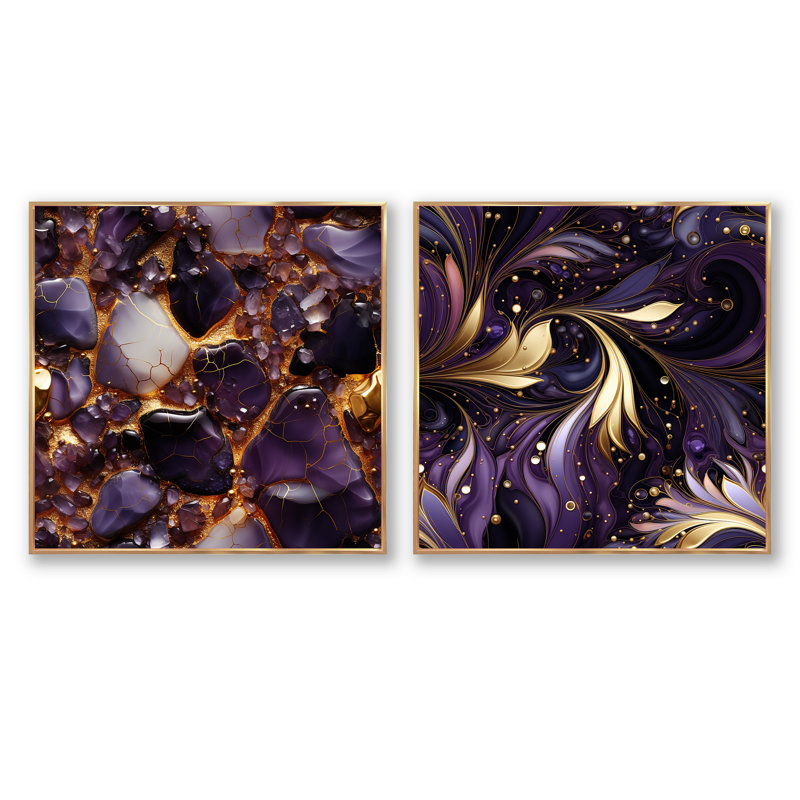Ensemble de 2 collages carrés dorés et mauves à motif améthyste, Cadre flottant doré, H 30 po x l 61 po