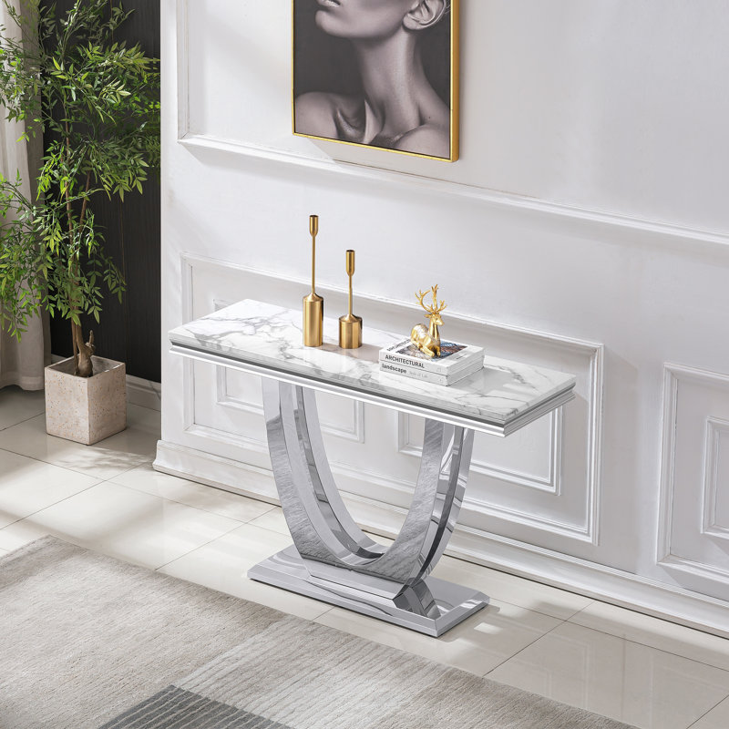 Bruneta 46.85'' Marble Top Console Table, White, Silver
