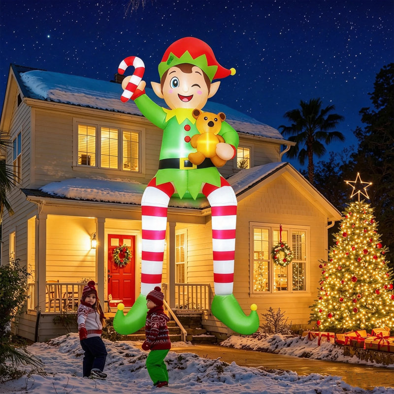 Lutin gonflable géant de Noël avec ours en peluche et canne de Noël, pour décorer un toit de jardin ou de pelouse à Noël.