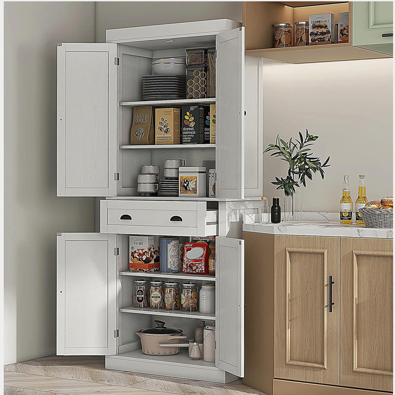 HOMCOM 72.5" Kitchen Storage Cabinet, Traditional Freestanding 4-door Storage Cabinet, with Drawers and 3 Adjustable Shelves, Suitable for Dining Room, White Wood Grain