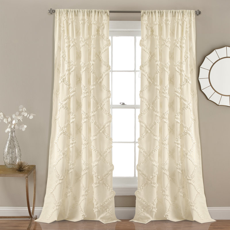Ruffle Diamond Semi Sheer Curtain Pair, Ivory, 54"W x 84"L