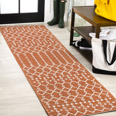 Avag Moroccan Geometric Textured Weave Orange/Cream Indoor/Outdoor Rug