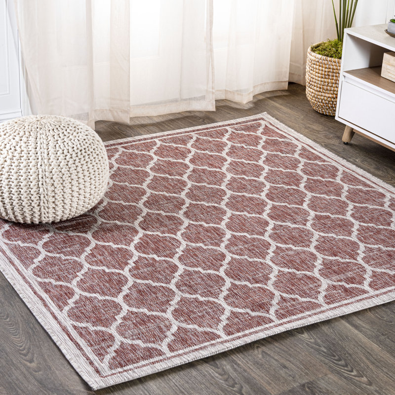 Hague Moroccan Trellis Textured Weave Red/Beige Indoor/Outdoor Rug, Square 9'