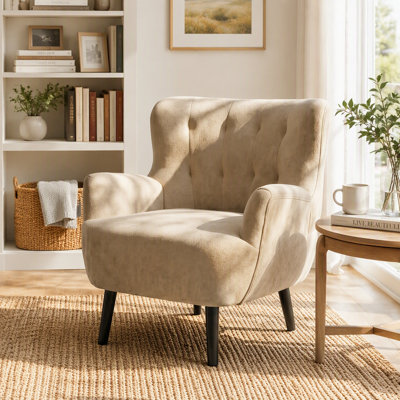 Fauteuil moderne, fauteuil club rembourré avec accoudoirs ronds et dossier serré, pieds en bois d'hévéa pour le salon et la chambre à coucher