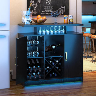 Wine Bar Cabinet with Power Outlet and LED Light, Coffee Bar Cabinet with Wine Rack, Storage Shelves and Cabinets, Large Space Liquor Cabinets for Kit by 17 Stories