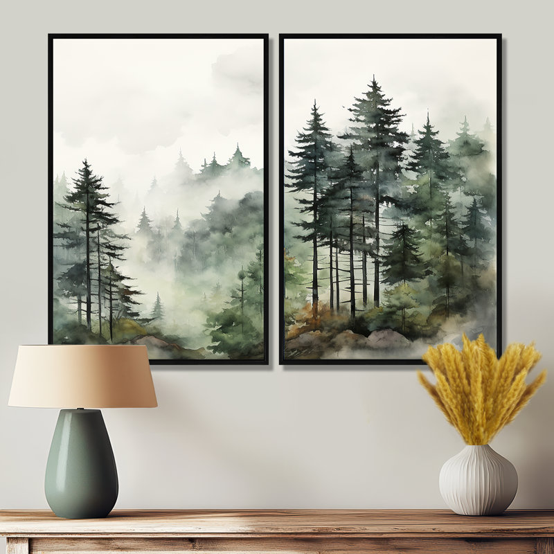 «Pine Tree Misty Morning I» - Décoration murale pin, H 36 po x l 48 po, Reproduction encadrée sans passe-partout, Noir