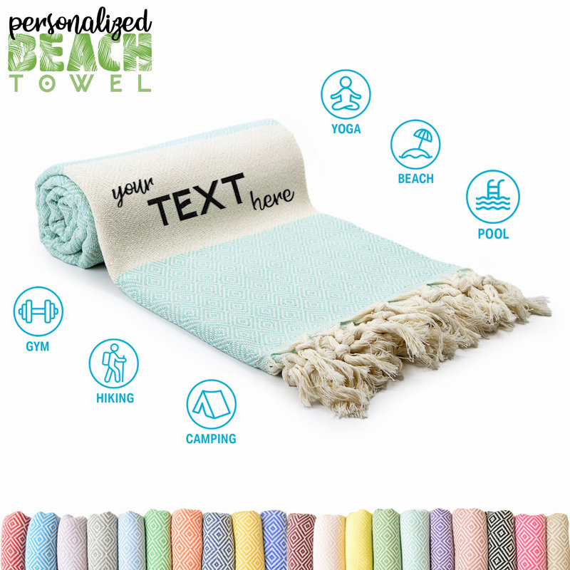 Personalized Mint Diamond Pattern Turkish Cotton Beach Towel with Custom Embroidery or Print, Mint