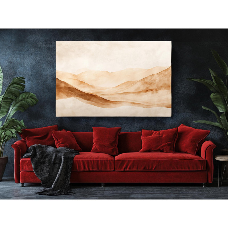 Reproduction d'art sur toile, paysage de montagne beige tranquille - aquarelle minimaliste avec des tons terreux