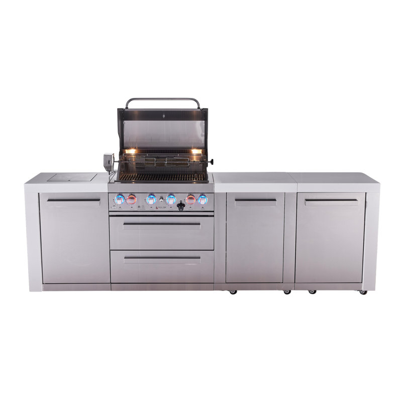 Mont Alpi Premium 4-Burner 107" Deluxe Stainless Steel Island Modular Outdoor Kitchen Island Bbq Gas Grill + Infrared Side Burner + Granite Countertops + Storage Drawers And Cabinets + Rotisserie Kit