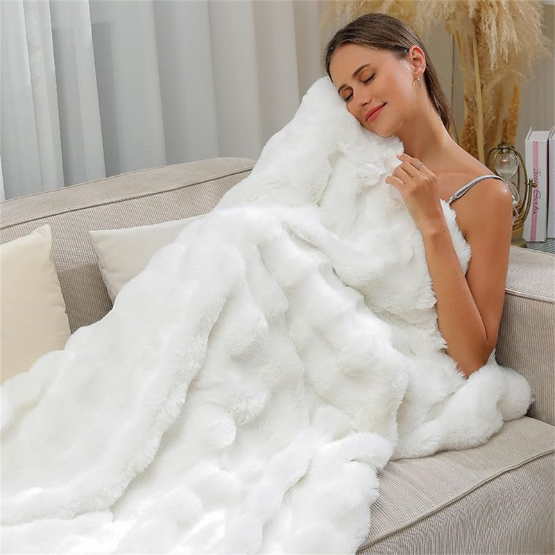 Faux Rabbit Fur Throw Blanket, Luxury Soft Warm Bubble Blanket, 200" L x 10" W, White