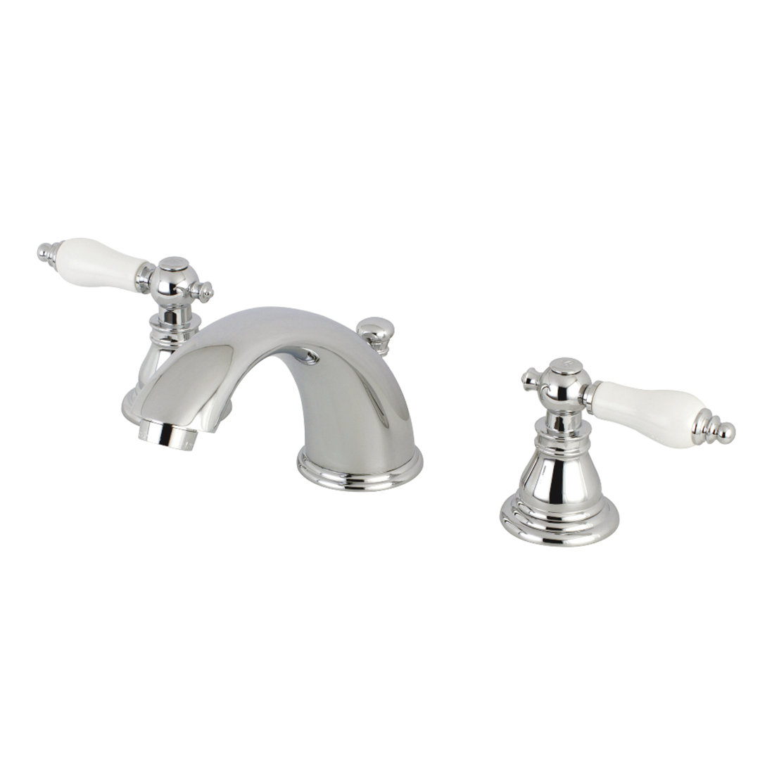 Kingston Brass American Patriot Two-Handle 3-Hole Deck Mount Widespread Bathroom Faucet with Retail Pop-Up Drain Kingston Brass