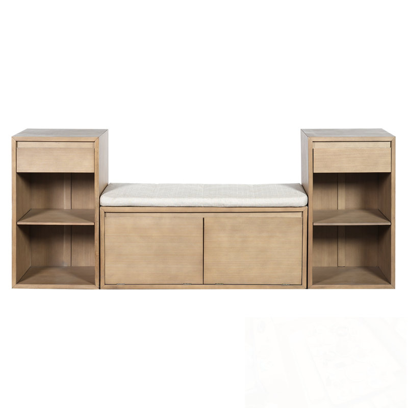 Storage Bench with Cushion, Compartments, Drawers and Open Shelves, Brown