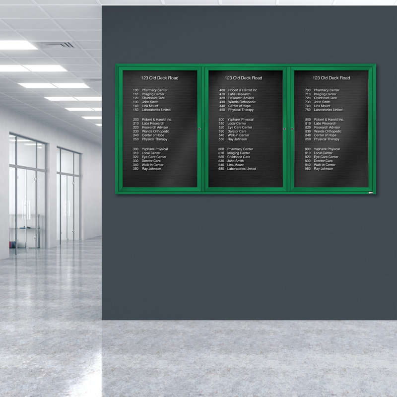 Tableau d'affichage mural fermé pour armoire d'annuaire, Vert thermolaqué, Trois, H 48 po x l 96 po