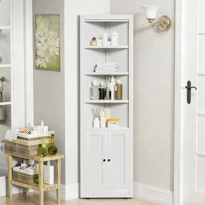 Space-Saving 5-Tier Corner Storage Cabinet With Adjustable Shelves And Doors For Organizing Pantry Bathroom Living Room Laundry Room