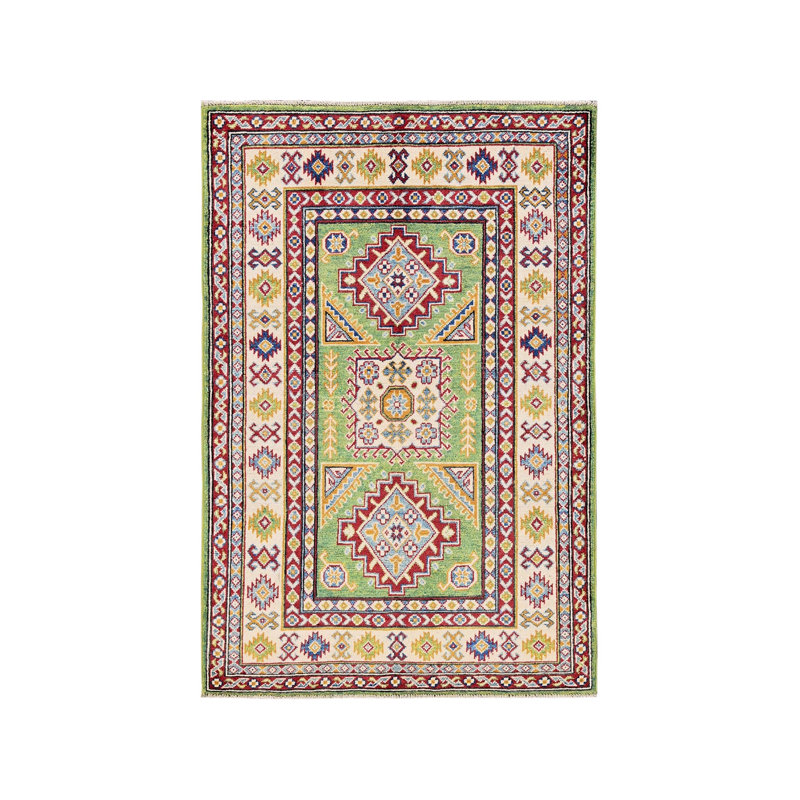 Tapis oriental rectangulaire en laine vert noué à la main 3 pi 4 po x 5 pi 0 po - MOA102339