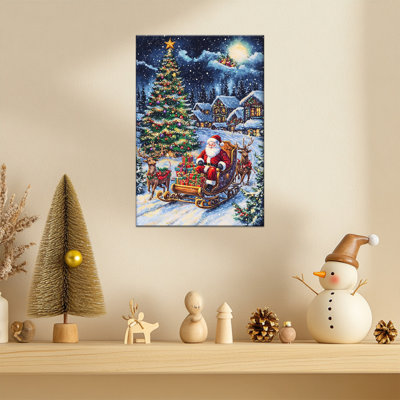 Abiel - traîneau rétro du père Noël renne scène d'hiver, affiche d'art, peinture, décor de maison de campagne pour salon, chambre à coucher prête à être suspendue, 12 po x 16 po