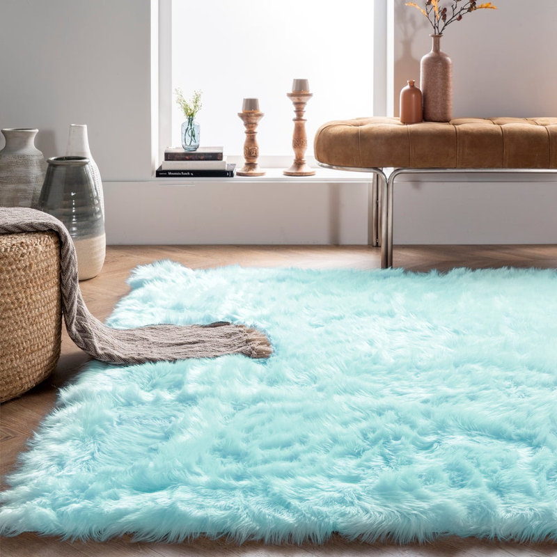 Tapis à poils longs Haja Turquoise, Rectangulaire 8 pi x 10 pi