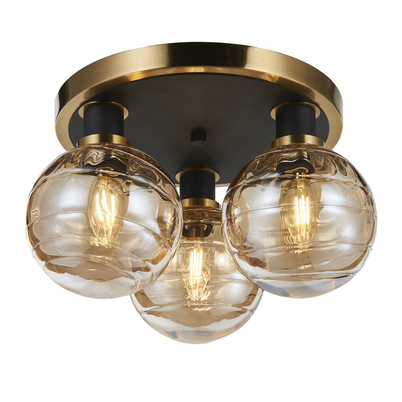 Plafonnier semi-encastré 3 lumières Rickey - noir - laiton brossé - verre, Ambre