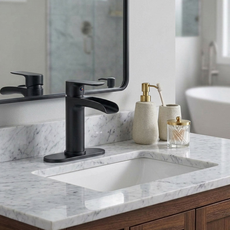 Robinet de lavabo pour salle de bain à poignée simple TJAB1970 avec plateau inclus en noir mat