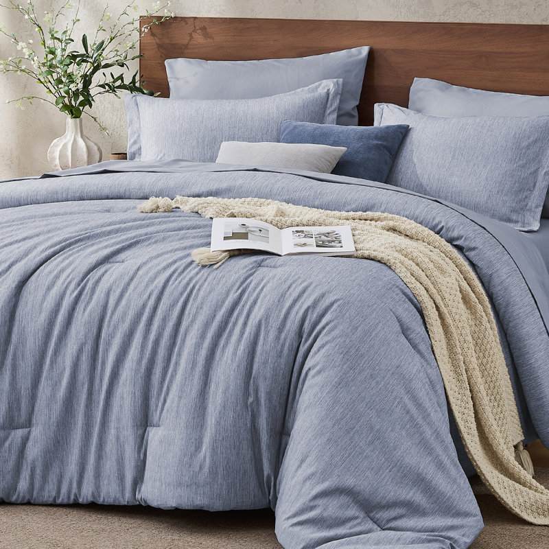 JOLLYVOGUE Queen Comforter Set 7 Pieces Navy Blue, Cationic Dyeing Bed in a Bag Queen, Double-Tone Bedding Set with Down Alternative Comforter, Sheets, Pillowcases & Shams