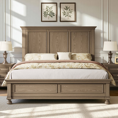 65" H Queen Size Solid Wood Bed with Roman Column Legs, Warm Beige
