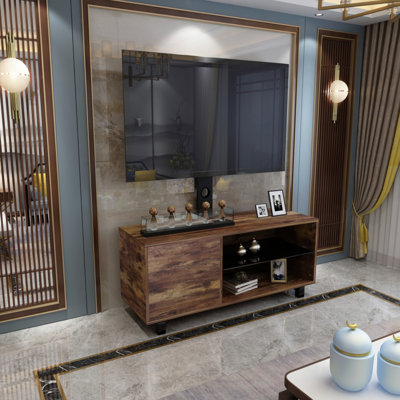 65In Tv Console In Rustic Theme, With Hidden Cabinet And Open Shelving Space Stand Fashion, Construction, Spacious Storage Compartment