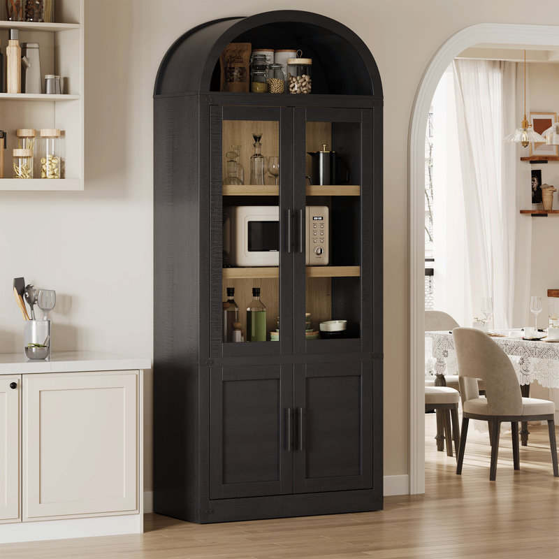 Farmhouse Arched Bookcase Cabinet – 6-Tier Freestanding Entryway Storage, Deep Display Organizer, 2 Glass & 2 Doors, For Living Room, Kitchen, or Office, Black , 2 Glass 2 Doors