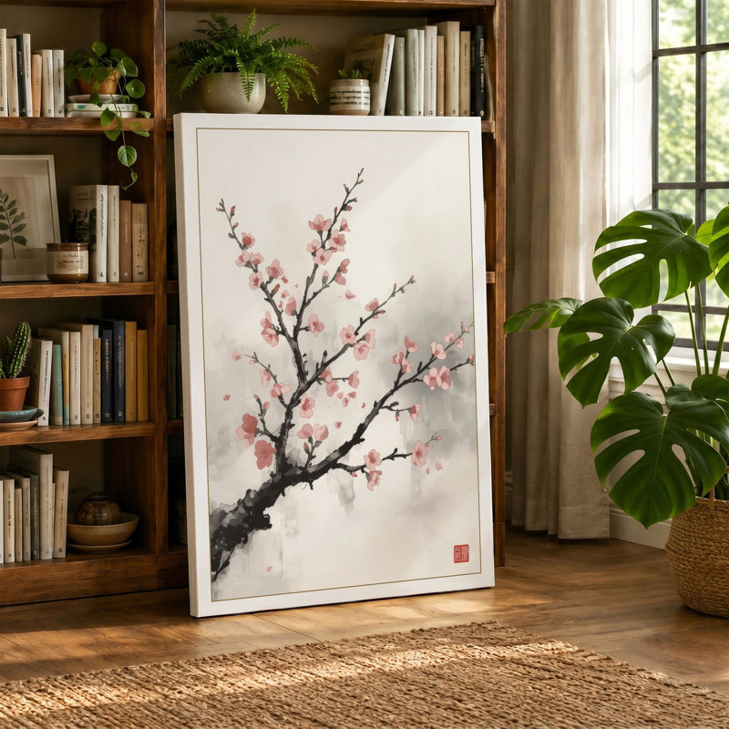 Spring Blossom Branch Japandi - Wrapped Canvas, 36x24 - 91.4 x 61.0 cm, Terracotta Border