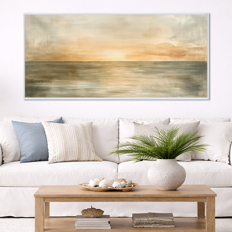 «Ocean Horizon», art mural, toile de bord de mer doux, H 28 po x l 60 po, Cadre flottant blanc