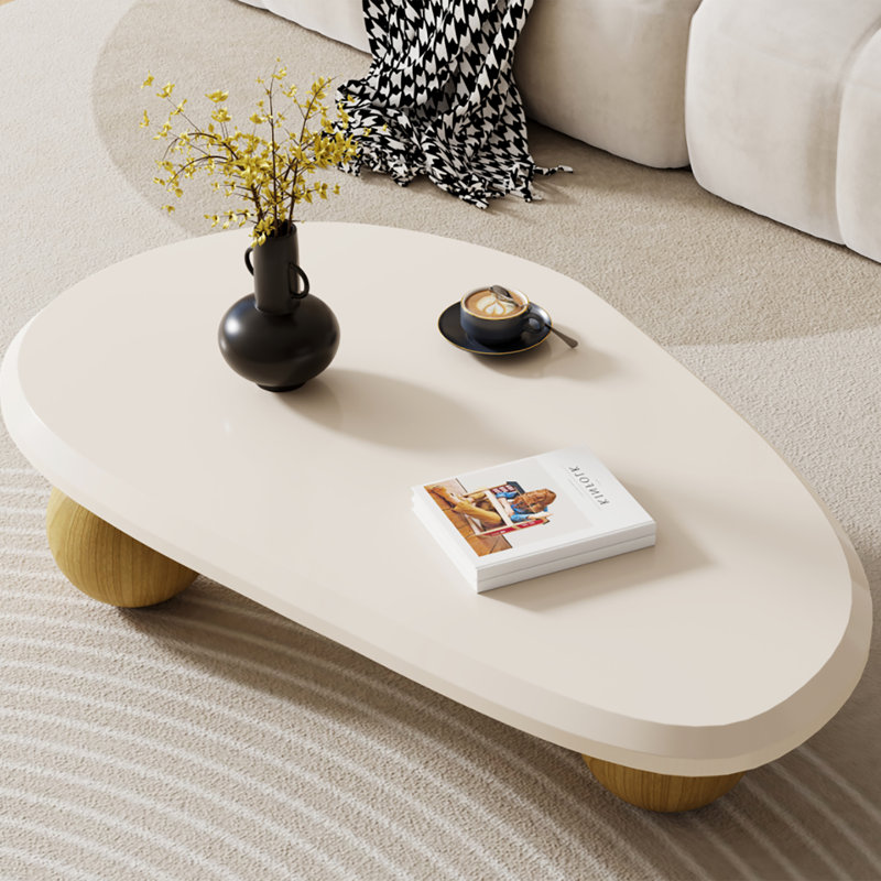 51" Oval Cream Black Brown Modern Coffee Table with Three Round Legs, Natural Wood, White