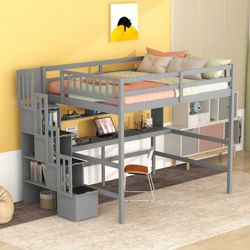 Jahseir Kids Full Loft Bed with Built-in Desk, Bookcase, Storage Staircase, Gray