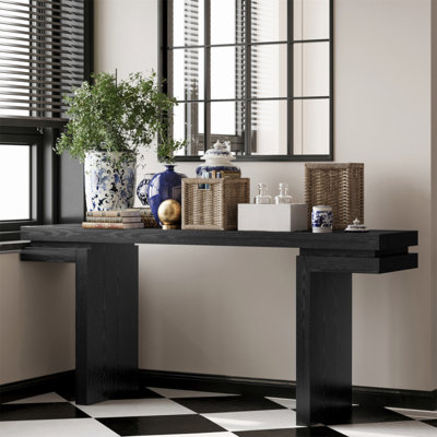 Console très large en placage de bois véritable de 66 po, canapé minimaliste derrière le canapé pour l'entrée, le couloir, le salon, le bureau personnel, noir