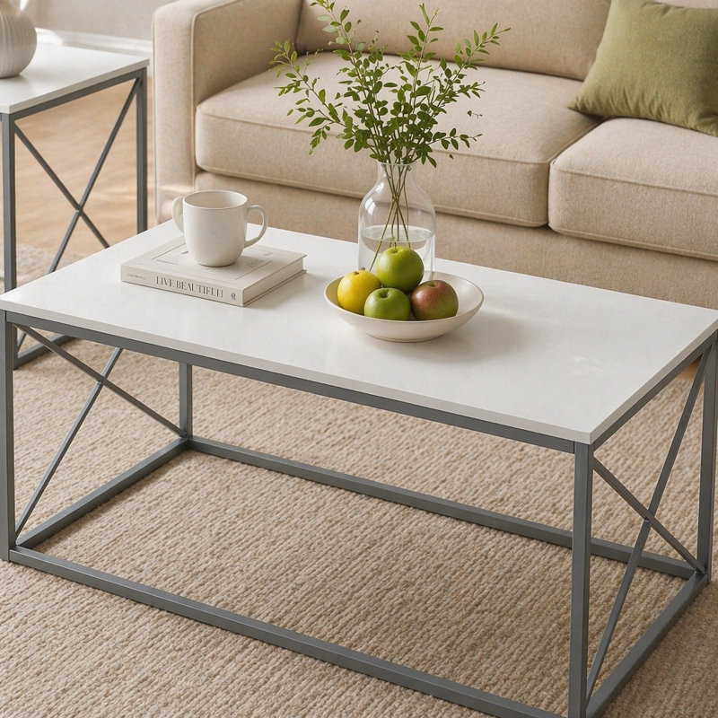 Ensemble de table, ensemble de 3 pièces, café, bout, côté, accent, métal stratifié de salon, contemporain, moderne, Blanc