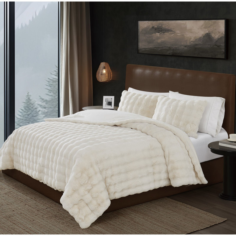 Ensemble d'édredon en fausse fourrure Frye Bubble, Ivoire ivoire, Édredon pour très grand lit + 2 taies décorativ