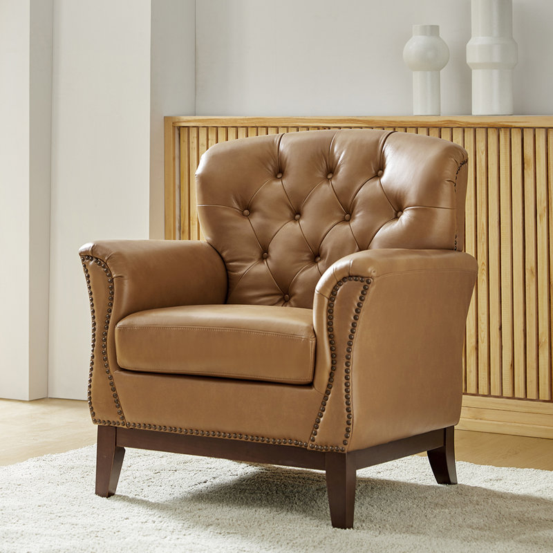 Nariana Traditional Genuine Leather Chair with Solid Wood Legs, Camel Genuine Leather