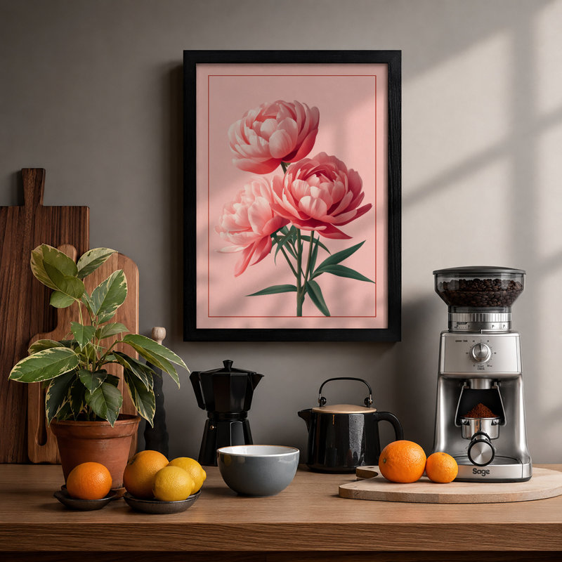 Layered Peonies Botanical - Framed Print, A1 - 84.1 x 59.4 cm, Black