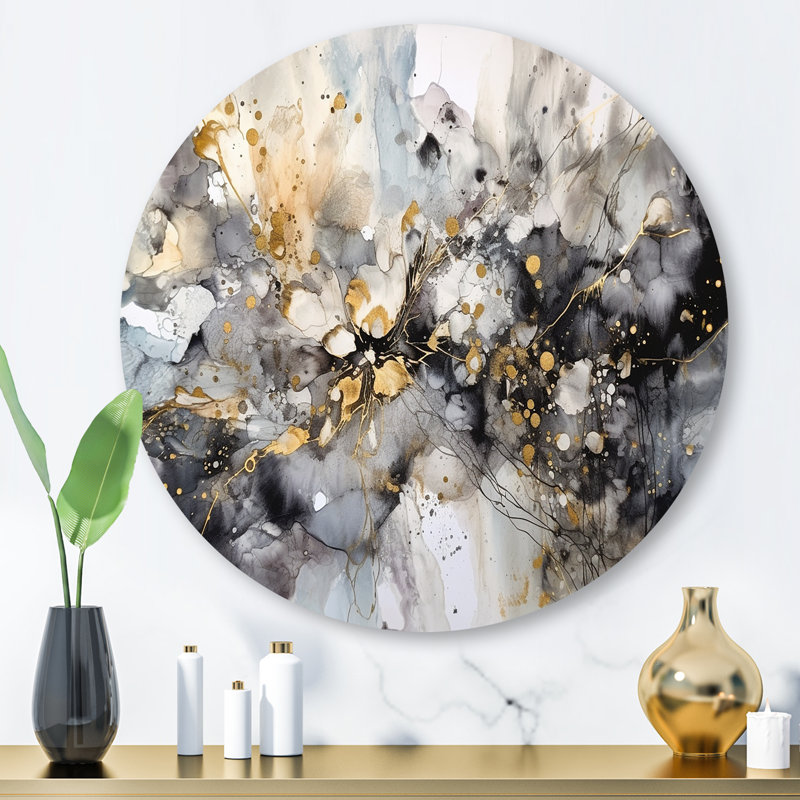 Grey Gold Delicate Abstract Brushstrokes II - Abstract Marble Round Wall Art on Metal, 29" H x 29" W x 1" D