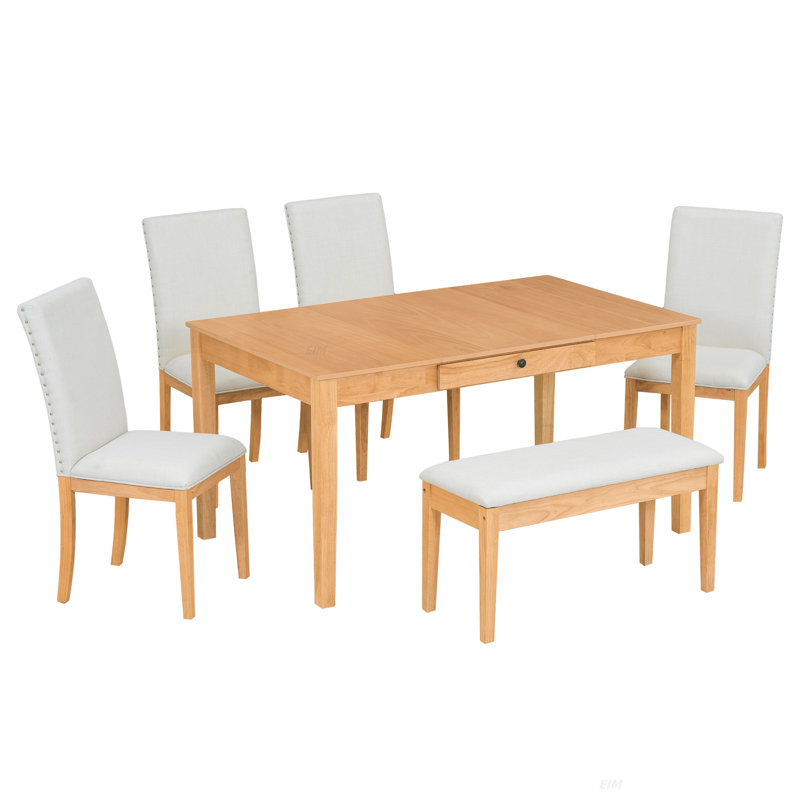 Ensemble de table de salle à manger Farmhouse 6 pièces avec table de rangement, ensemble de table de cuisine avec tiroir, banc de rangement et chaises de salle à manger rembourrées (ensemble de salle à manger)
