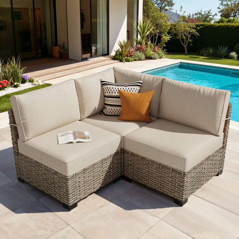 Ensemble de conversation modulaire d'extérieur en osier avec coussins, ensemble de 2 pièces Carolle, Beige / Ivoire