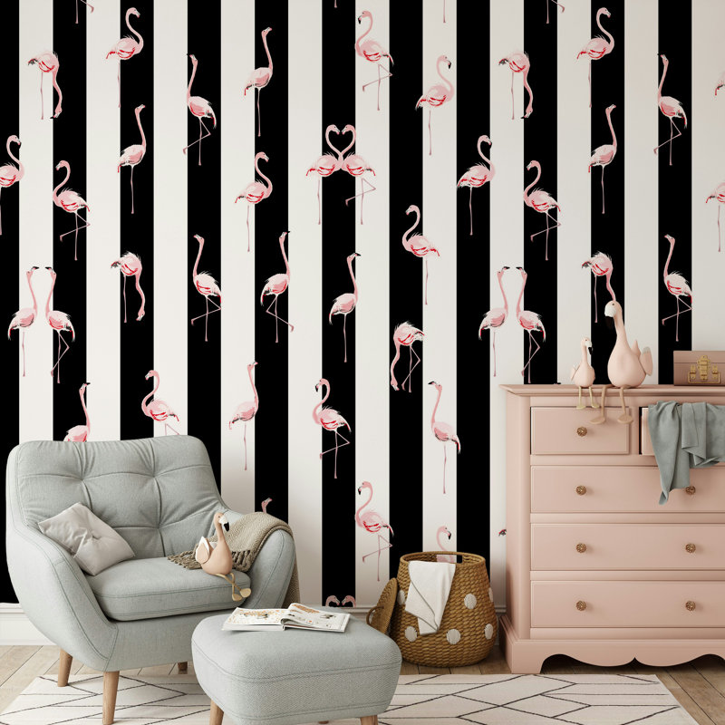 Papier peint rayé rose et noir Flamingo, L 75 po x l 112 po