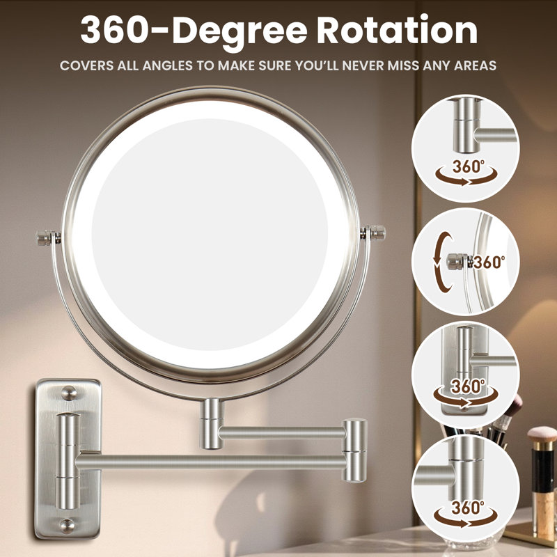 8" LED 1X/10X Magnifying Makeup Mirror, Brushed Nickel