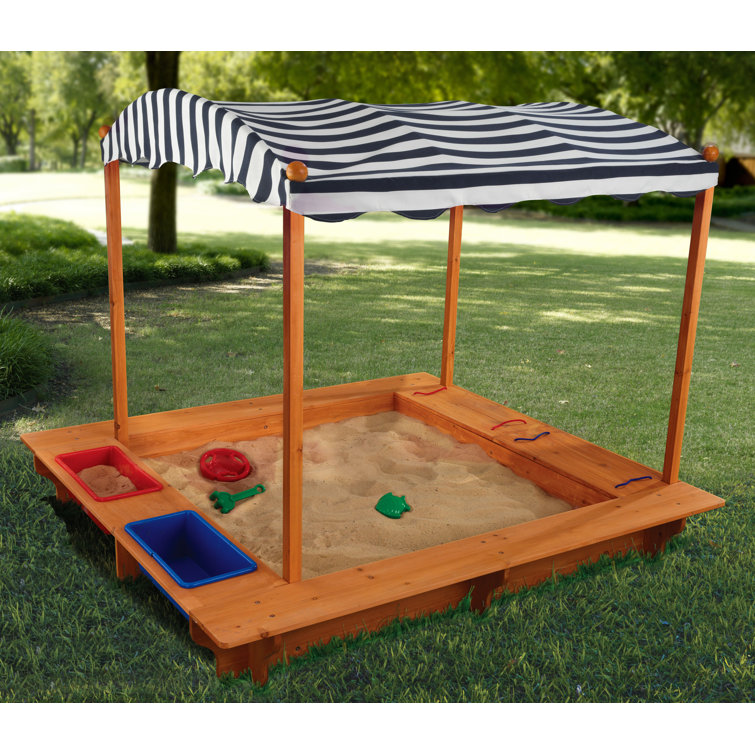 Outdoor Covered Wooden Sandbox with Bins and Striped Navy & White Canopy