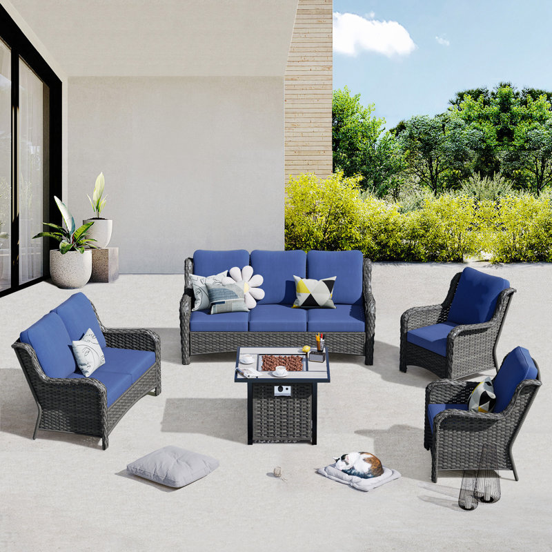 Ensemble de conversation avec coussins pour 5 personnes Ules, Bleu denim