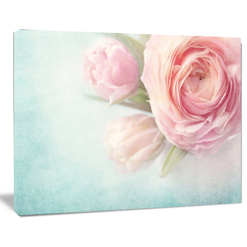 Fleurs roses sur fond bleu - impression sur toile tendue, H 12 po x l 20 po