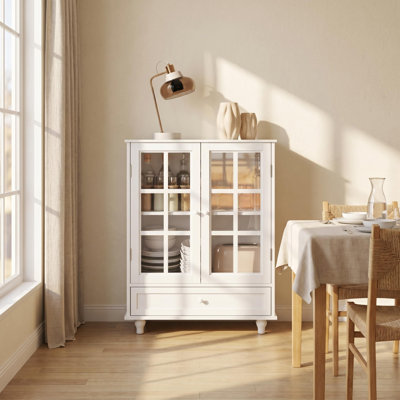 38" H Modern Kitchen Storage Cabinets Kitchen Pantry, with Double Glass Doors And Drawer