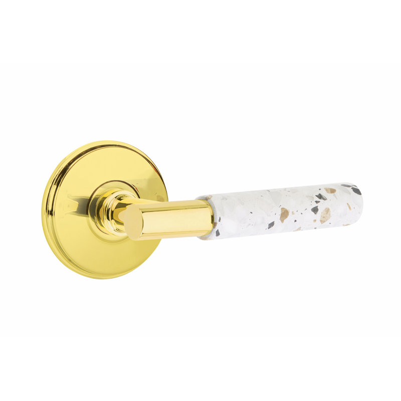 Select Round Privacy (Bed & Bath) Door Lever with Round Rosette, Right, Unlacquered Brass/Light Terrazzo