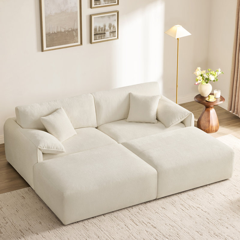 Bodhild 94.8" Feather-Filled Chenille Upholstered Sleeper Sofa, Cream